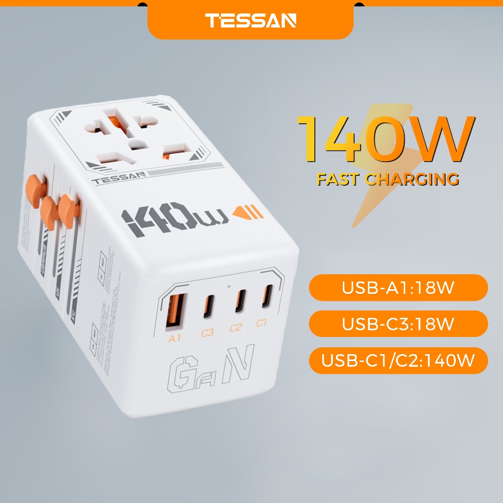 TESSAN 140W GaN Travel Adapter with 3 Type C + 1 USB, Fast Charging ...