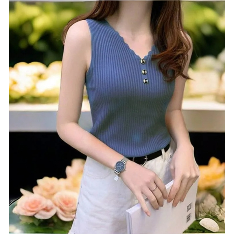 PRAPRA Official Summer Women Sleeveless Tops Button-Front Solid