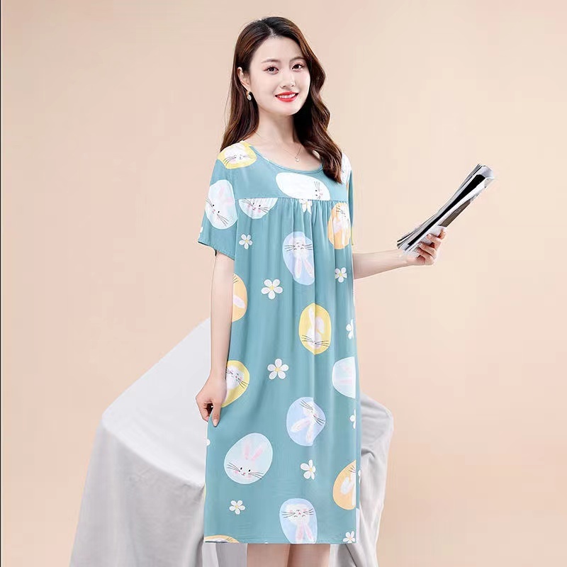 Ready stock 40 80kg Women s 100 cotton silk nightdress Summer short sleeved rayon dress Loose plus size pajamas Middle aged and elderly cotton