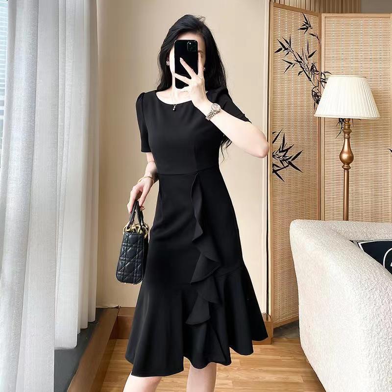 Summer Fishtail Dress Short Sleeve Plain Simple Women Daily Party Dress