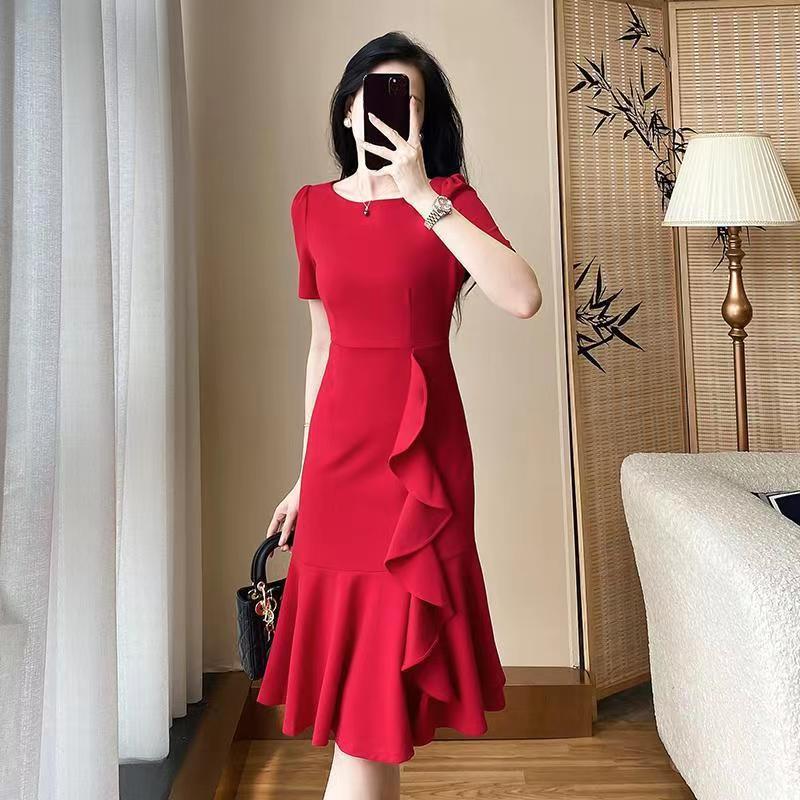 Summer Fishtail Dress Short Sleeve Plain Simple Women Daily Party Dress