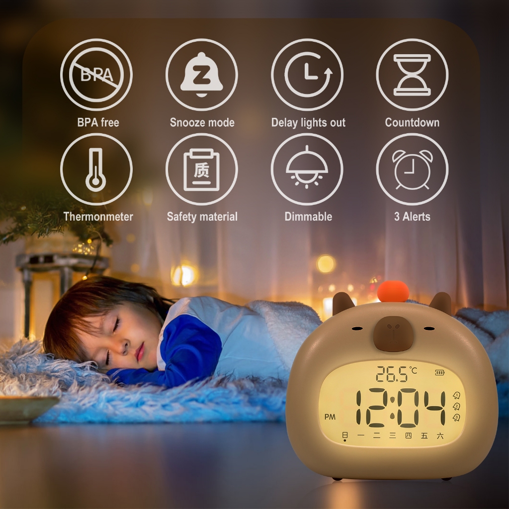 Kids Alarm Clock with Dimming Night Light Cute Capybara Alarm Clock 3 ...
