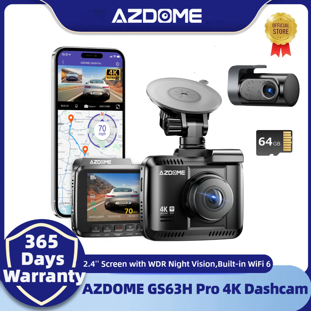 AZDOME GS63H Pro 4K Dual Channel Car Dash Cam 2160P Front and Rear Inch  Screen with WDR Night Vision Wi-Fi GPS 24H Parking Mode Dashcam