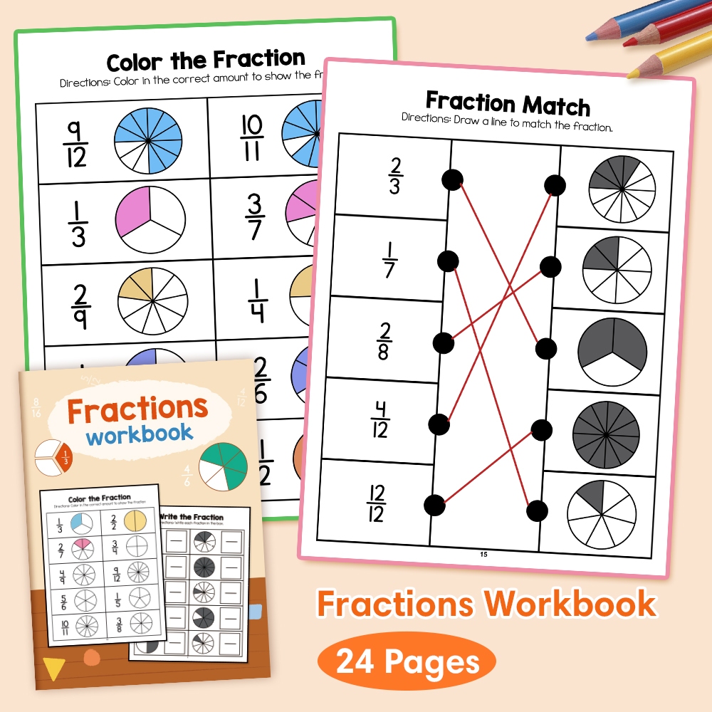 24 Pages Fraction Math Workbook for Kids Children Kindergarten ...