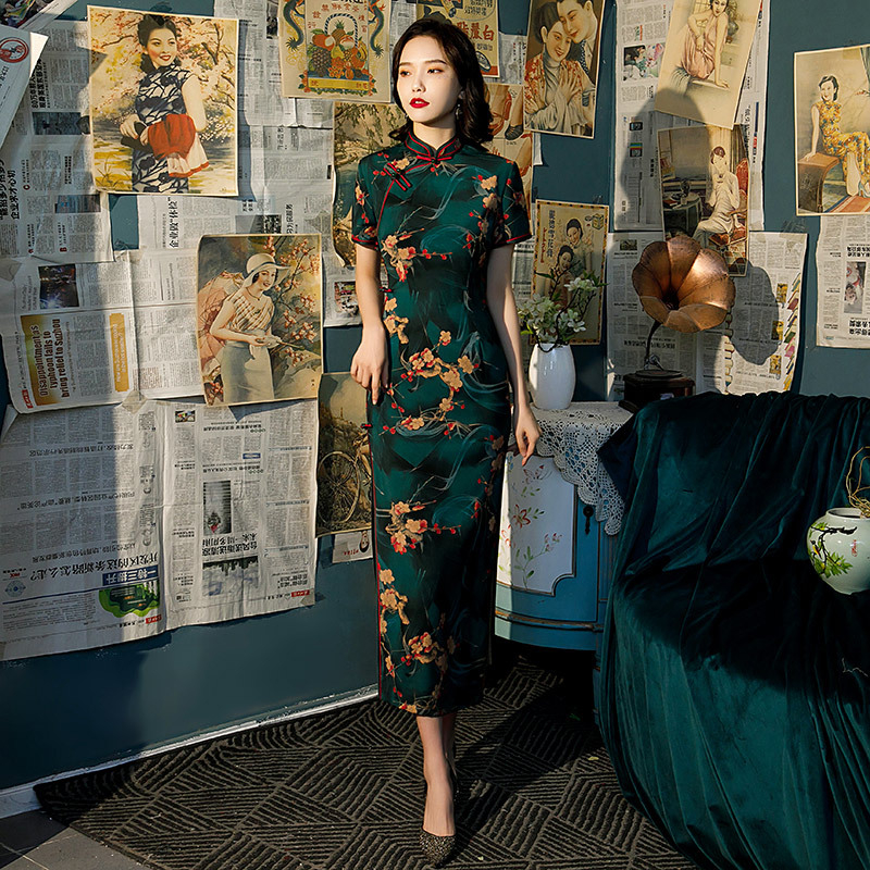 Factory supply High-Quality Chinese Women Silk Satin Short Sleeve Qipao  Plus Size Vintage Flower Cheongsam Maxi Dress Long Dress Midi Dress New  Year Party Wedding Formal Evening Dinner Dresses Elegant Cheongsam Chinese