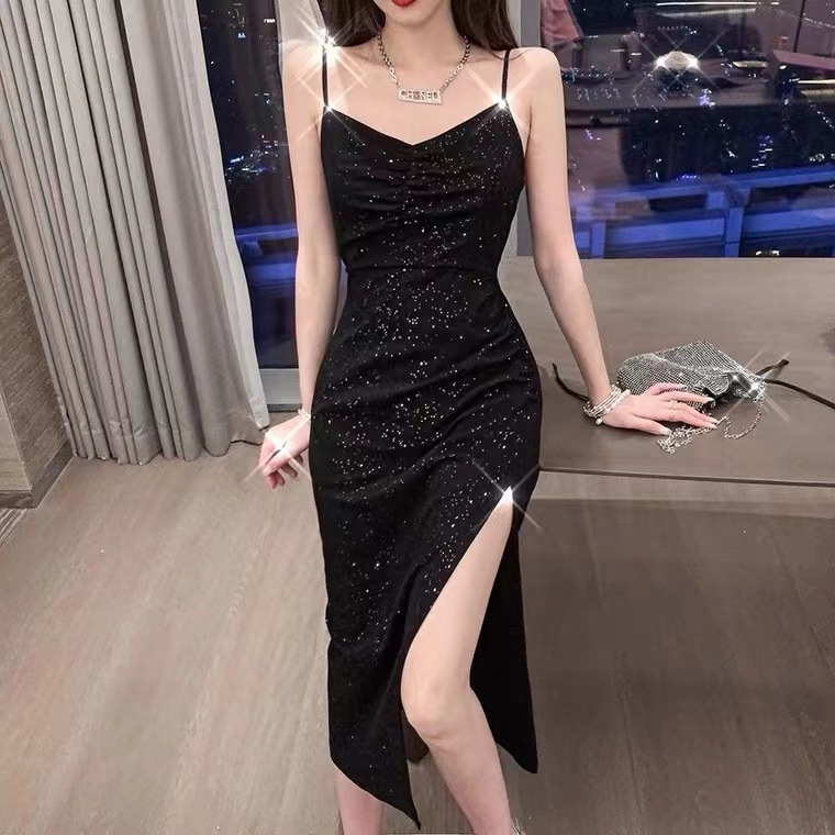 Sparkling Sequin Black Evening Dress Women Summer Sleeveless Sling Formal  Dress Sexy High Slit Prom Dreses Women's Mid Length Party Dress Holiday  Banquet | Shopee Singapore