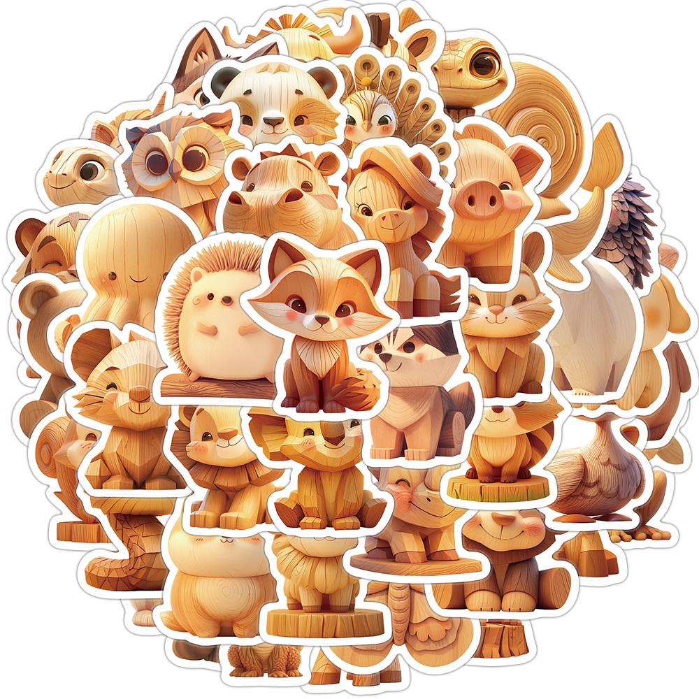 [Large Sticker]60pcs Cute Wooden carving Animals Stickers Aesthetic DIY ...