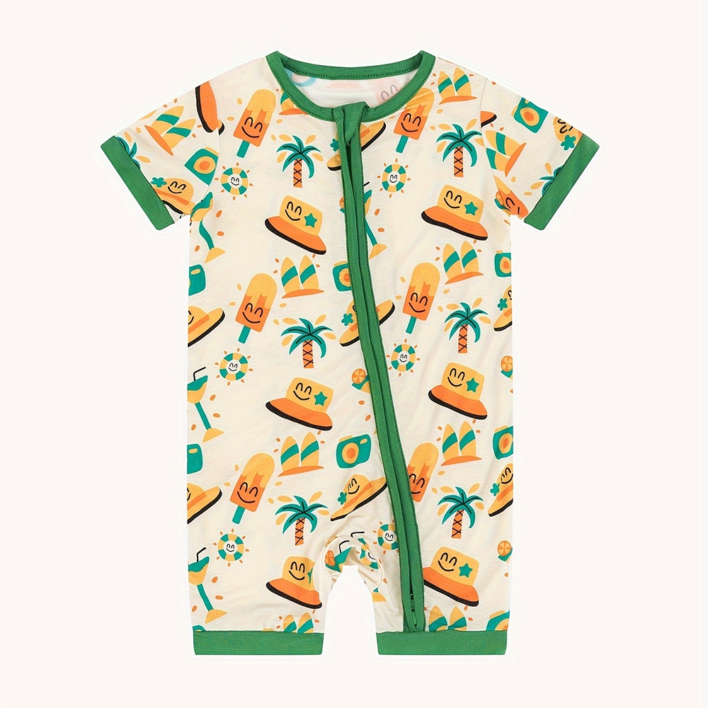 Baby Zipper Pajamas Bamboo Unisex Infant Onesie with Mitten Short Sleeve Footed Pjs Colored cute printed baby pajamas Shopee Singapore