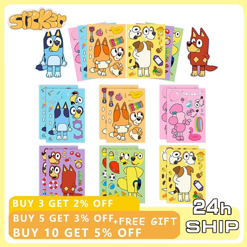 6PCS Bluey DIY Sticker for Kids Girls DIY Notebook Children Assembly ...