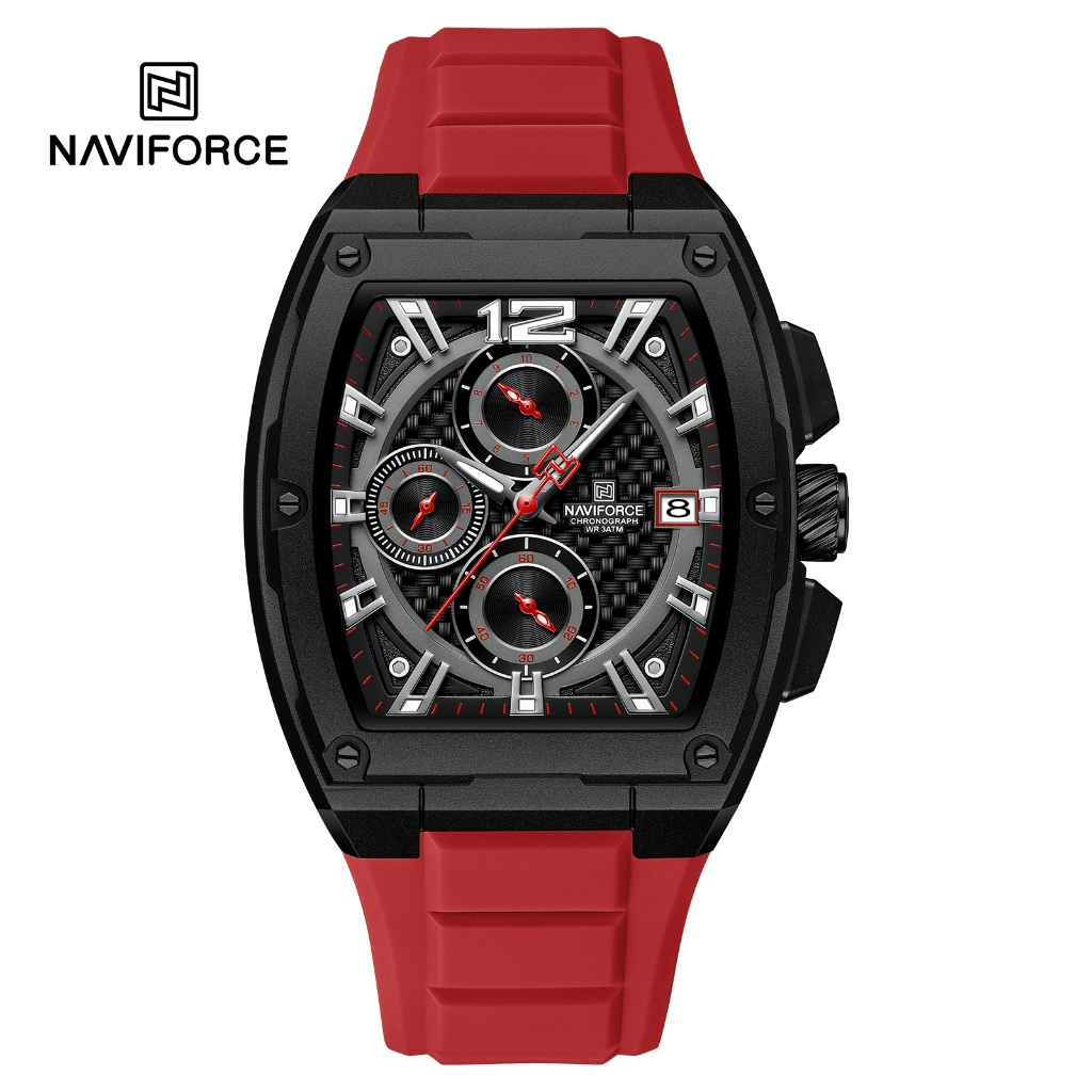 NAVIFORCE 8050 Tonneau shaped Skeletonized Mechanical Wind Multi function Weather Silicone Strap Men s Watch