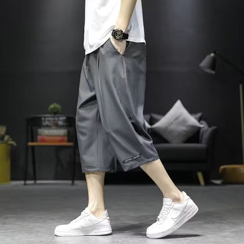 M-5XL Men's Summer Grey Ice Silk Drift Knee Length Short Pants