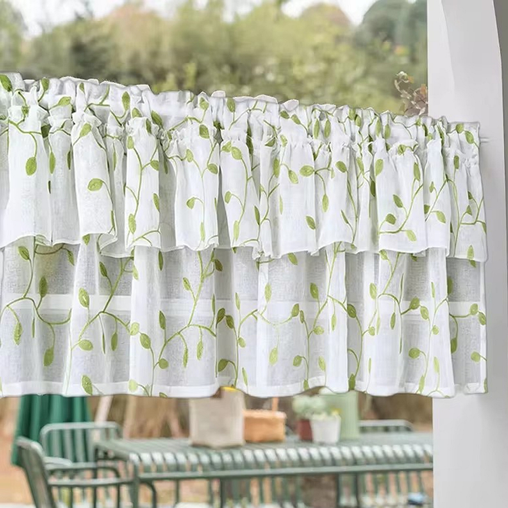 Pastoral Green Leaves Embroidery Sheer Ruffled Tier Short Curtain for ...