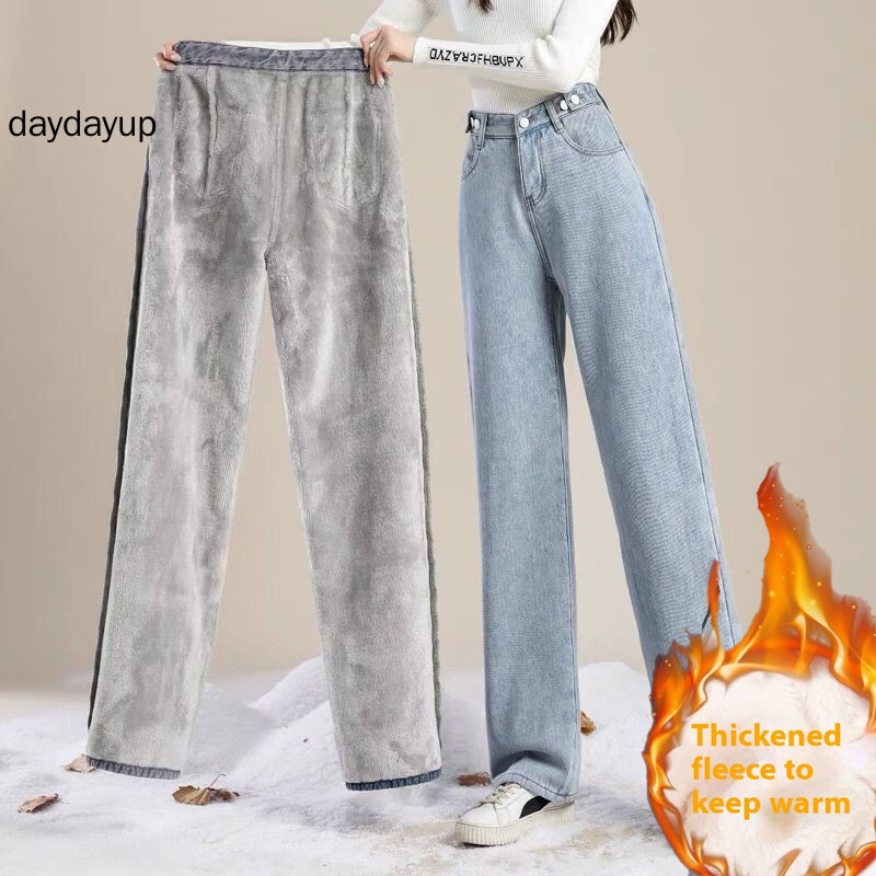 Women Winter Add Velvet Warm Jeans Student High Waist Wide Leg Thick ...