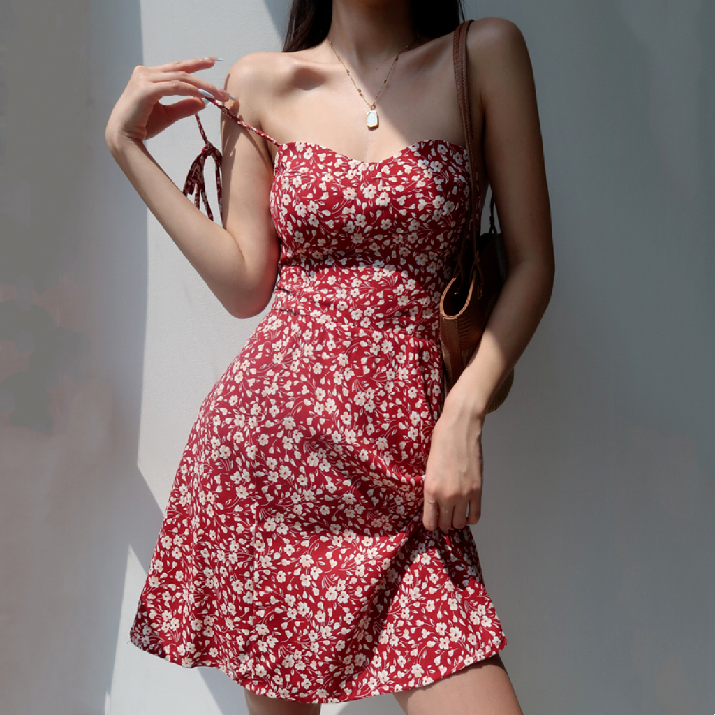 French retro red floral suspender dress V-neck retraction waist binding  holiday dress | Shopee Singapore