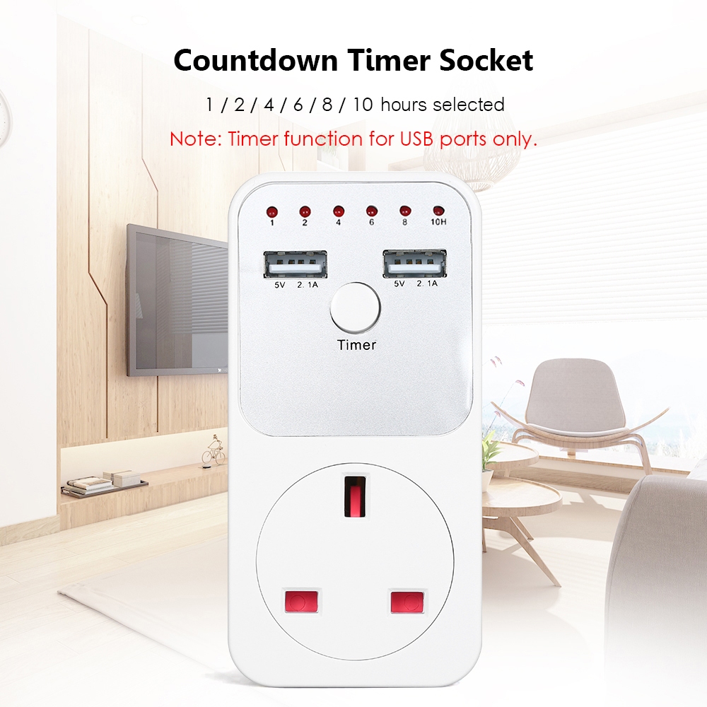 Countdown Timer Socket with 2 USB Ports 5V 2.1A Outlet Plug-in Time ...