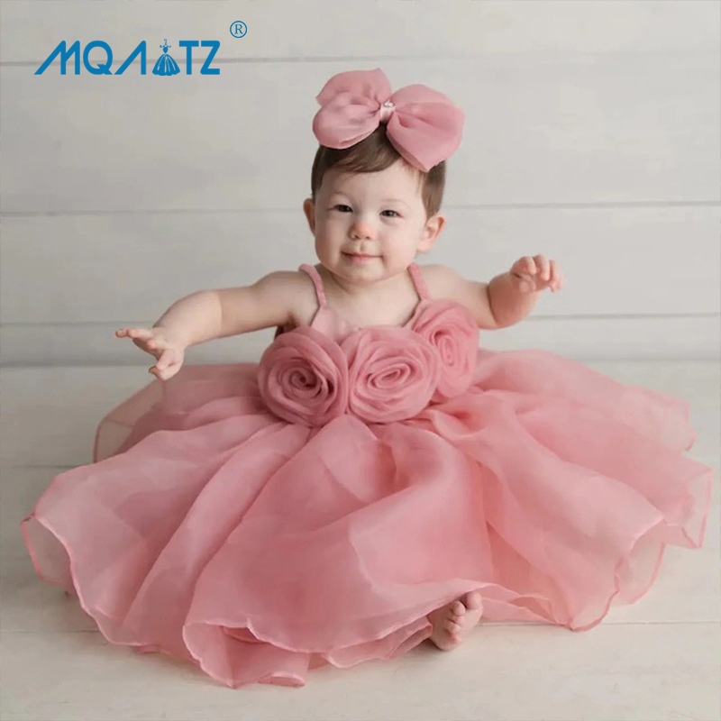 MQATZ Big Flower Ceremony Pink 1st Birthday Dress For Baby Girl