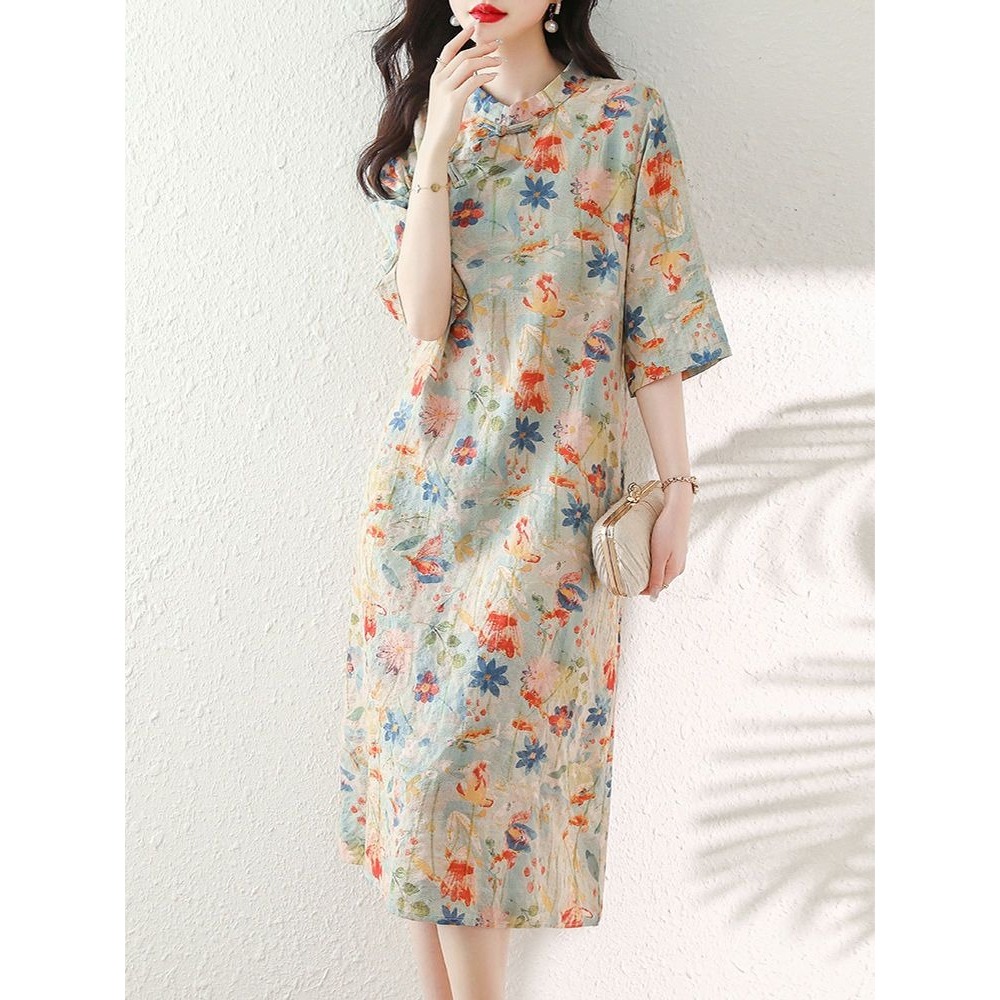 Chinese Ethnic Style Floral Cheongsam Women Cotton Linen Retro Dress ...