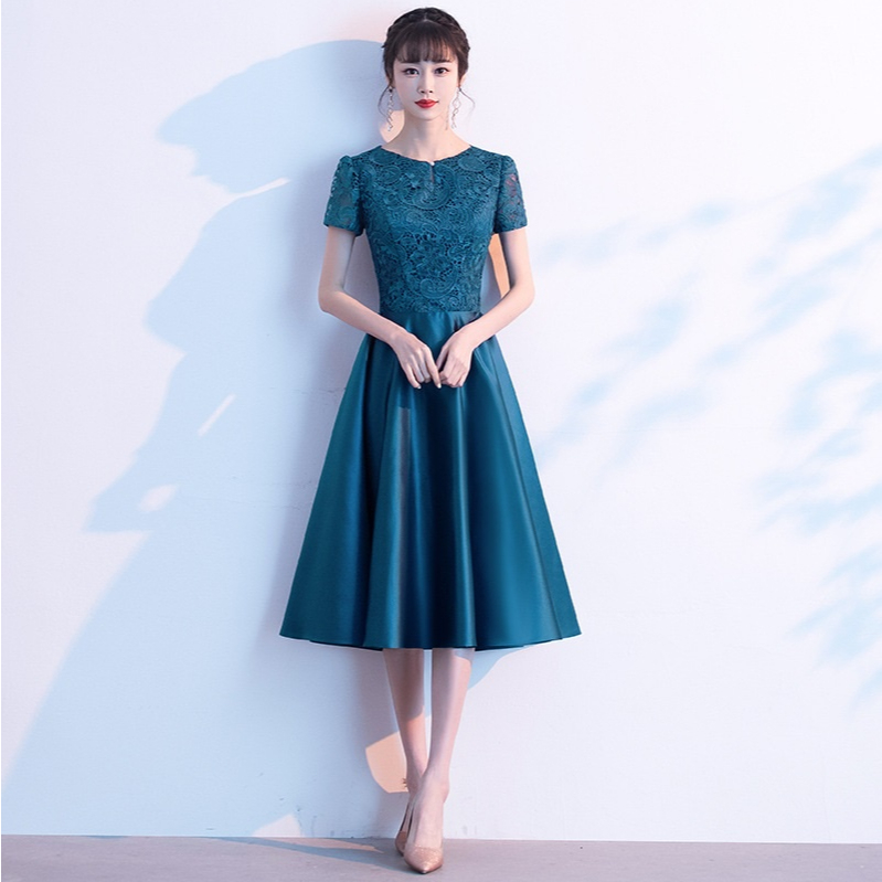 Elegant Lace Banquet Evening Dress Short Sleeve Round Neck Satin Slim A-line  Dresses Annual Dinner Wedding Party Host Gown | Shopee Singapore