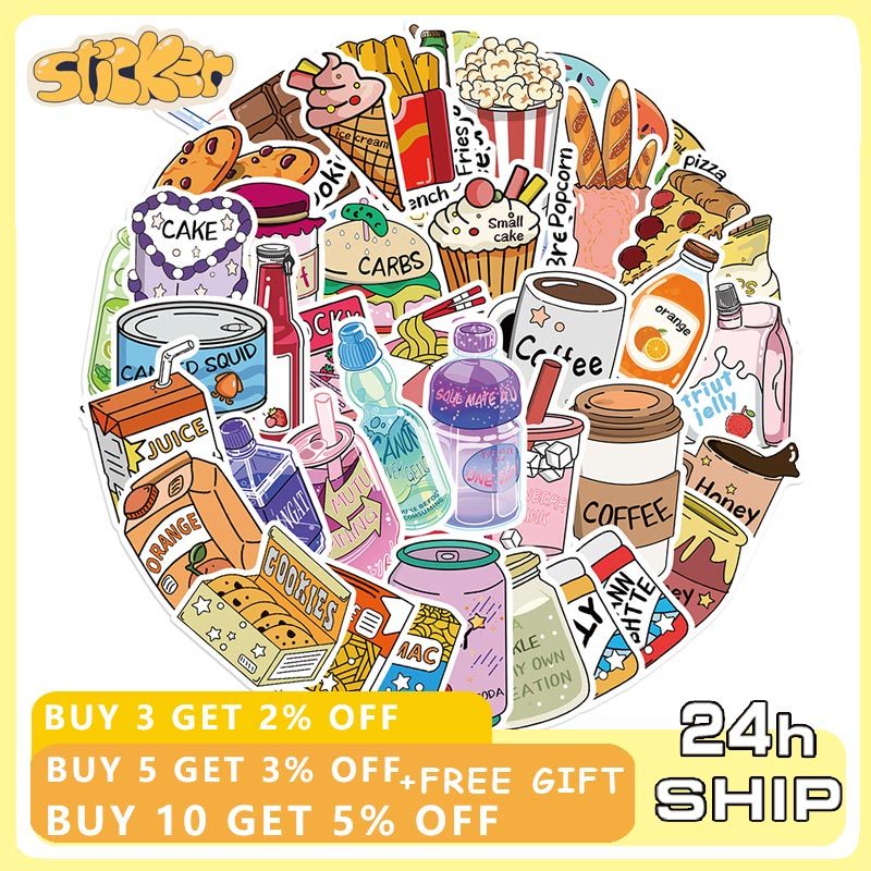 50pcs Cartoon Food Drinks Snack Stickers Cute Diary Notebook Fridge ...