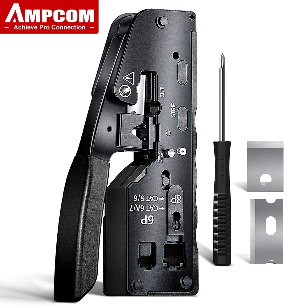 AMPCOM Cat 7 Network Crimping Tool CRIMP/CUT/TRIM/STRIP 4-IN-1 Works ...