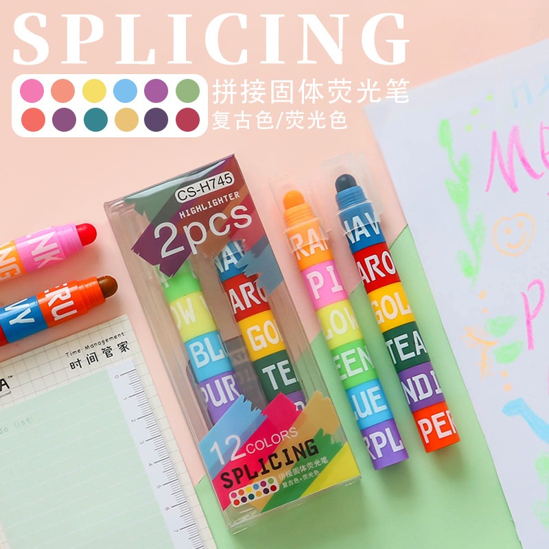 Solid Stitching Highlighter 12 Colors Detachable Student diy Key Marker ...