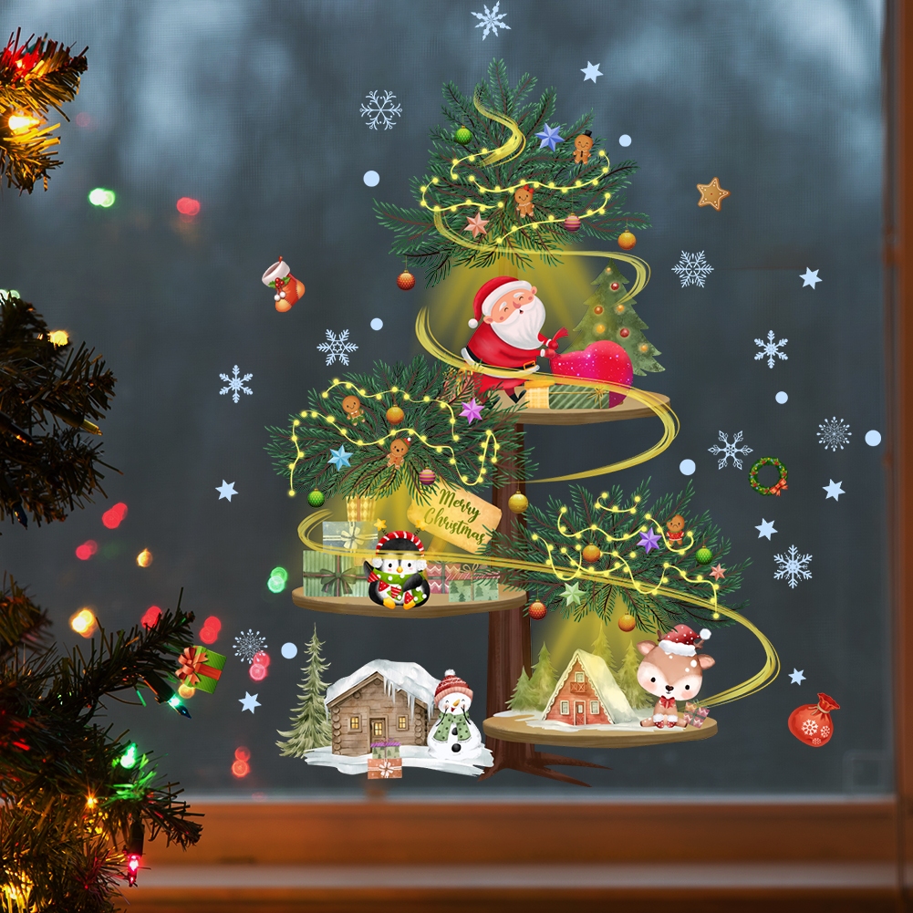 Decalmile Large Pink Christmas Tree Window Wall Decals – Snowflakes, Snowman, Xmas Tree Stickers For Party & Home Decor