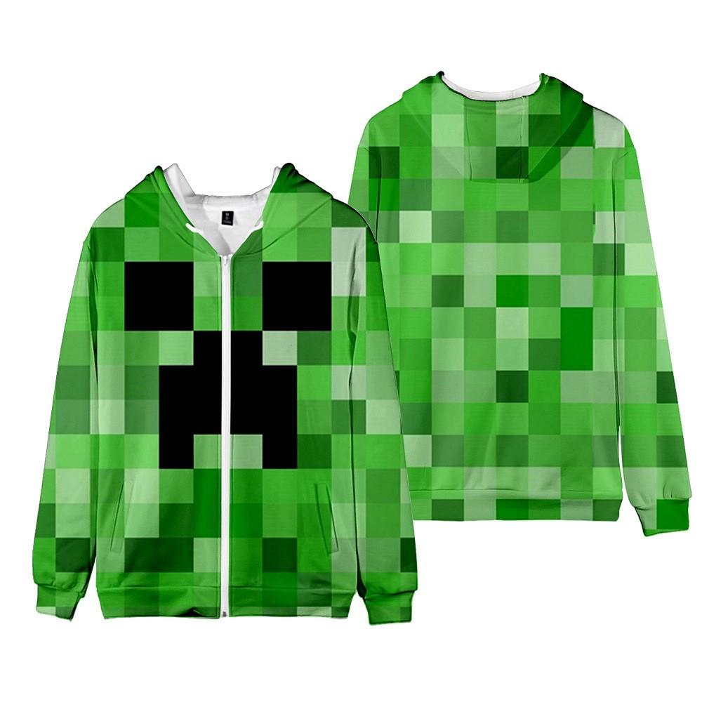 Game Minecraft Hoodie Sweater Men/Women Casual Green Check Zip Up