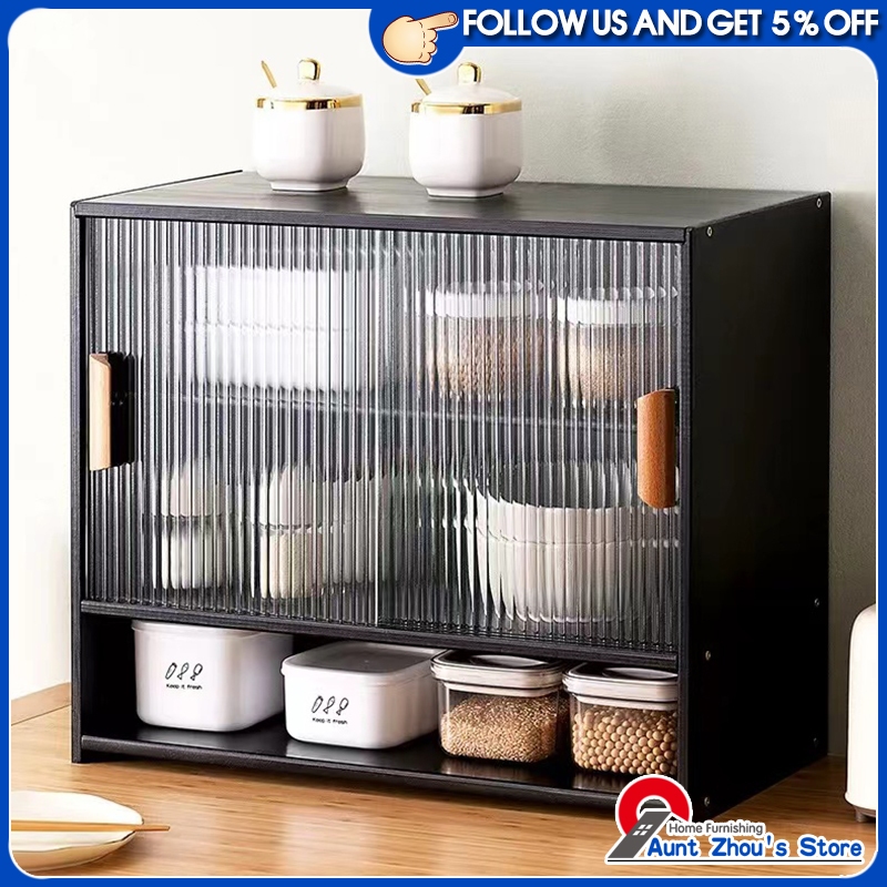 Black Kitchen Rack Kitchen Shelf with Sliding Door Desktop