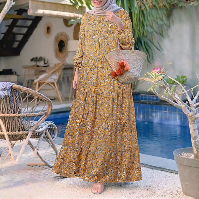 ZANZEA Women Casual Long Sleeve Printed Tiered Muslim Long Dress | Shopee  Singapore