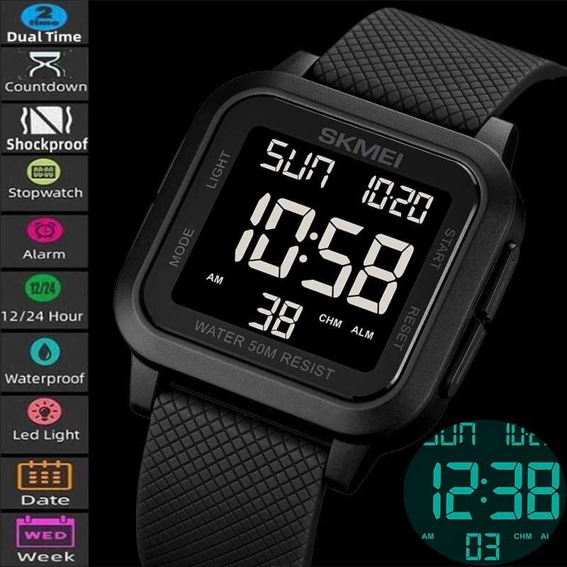 Skmei LED Waterproof Digital Watches Soft PU Strap Shockproof Sports ...