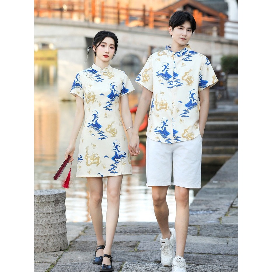 Qipao Couple Set Women Cheongsam Men Polo Shirt Traditional