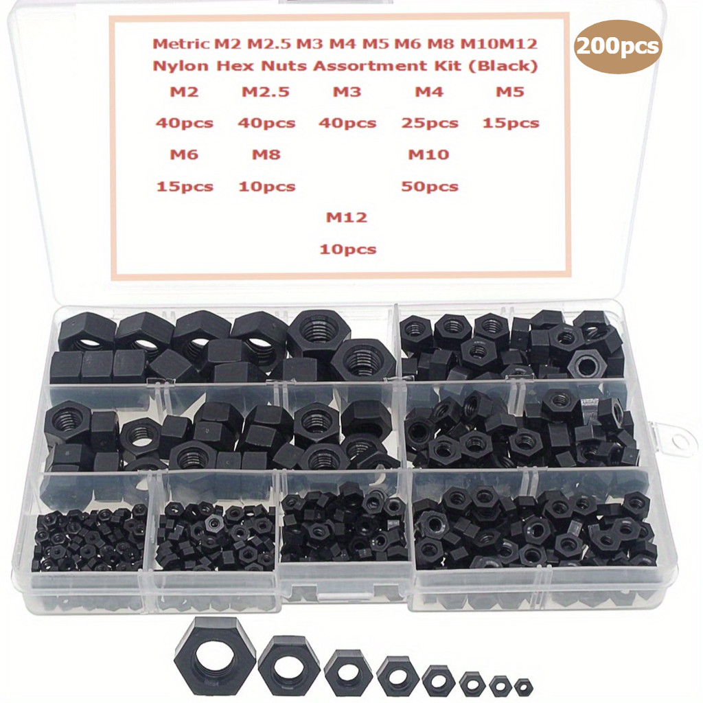 Écrous En Nylon Hexagonaux M2 à M12 - Lot De 10 Pièces Noires - Accessoires De Fixation Plastique