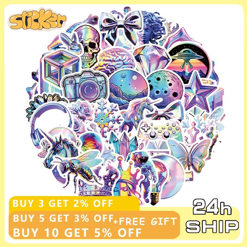 50pcs Cartoon Holographic Laser Stickers Waterproof Graffiti Decals For ...