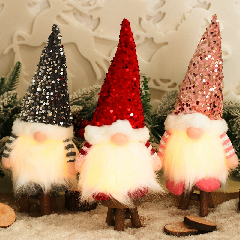 3pcs Christmas Light Glitter Sequins Hat Soft White Beard Gnomes Light