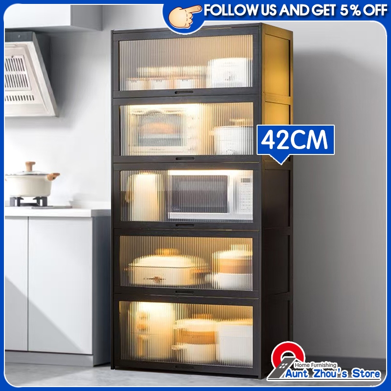42cm Widened Black Kitchen Cabinet Kitchen Rack with Transparent Flip ...