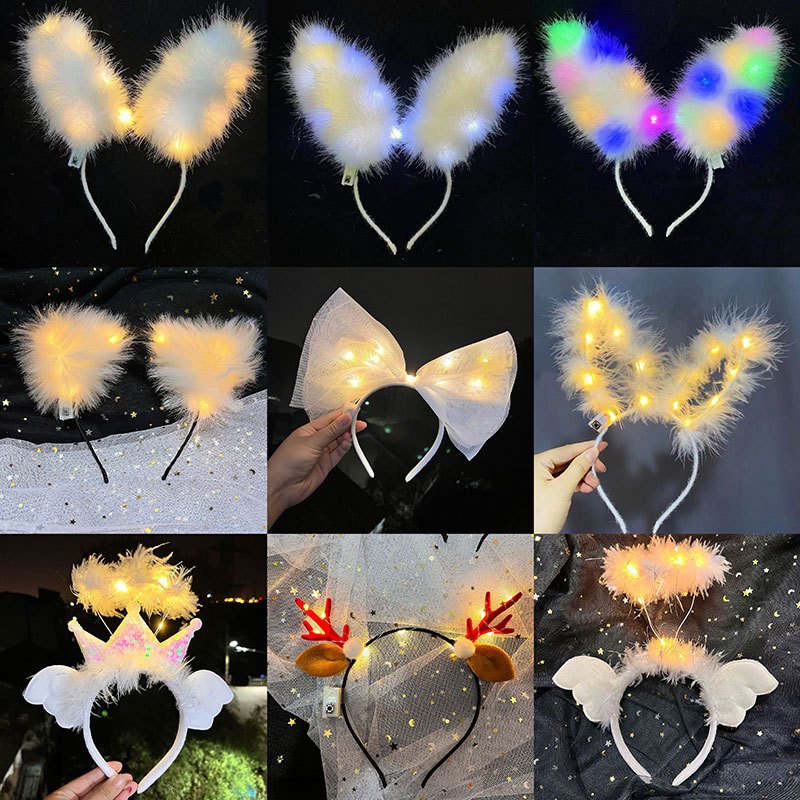 New Luminous Feather Bunny Ears With Light Headband Glitter Gold Angel ...