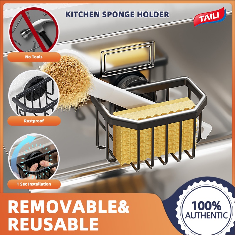 TAILI 4-in-1 Sponge Holder For Kitchen Sink With Strong Suction Cup Removable, Rustproof Aluminum Sink Caddy For Sponge, Brush, Scrubber, Scraper -Gold For Sale | North Las Vegas, NV | Nellis Auction