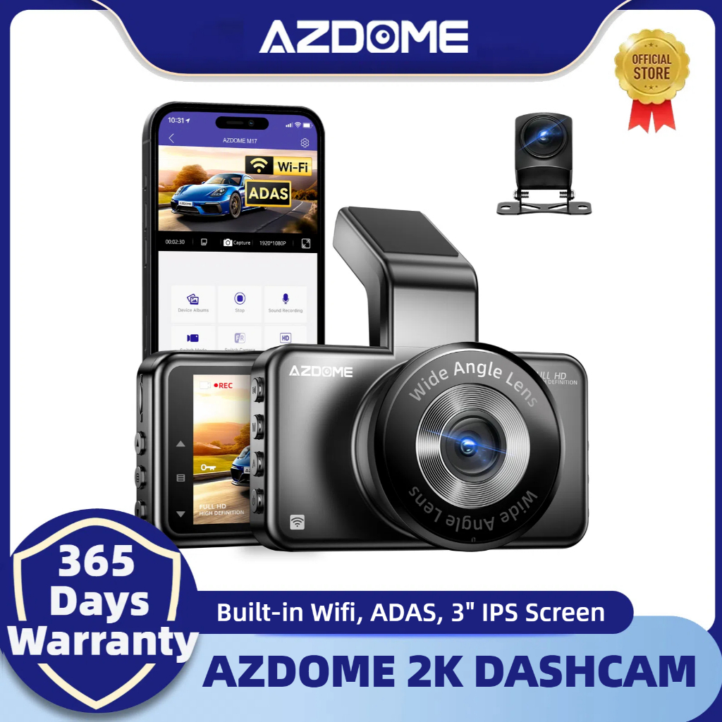 AZDOME M17 Pro 2K Dual Lens Dash Cam 3'' Screen Built-In Wi-Fi ADAS ...