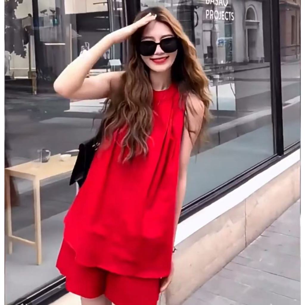 Womens red sleeveless tank top and high waisted shorts piece set