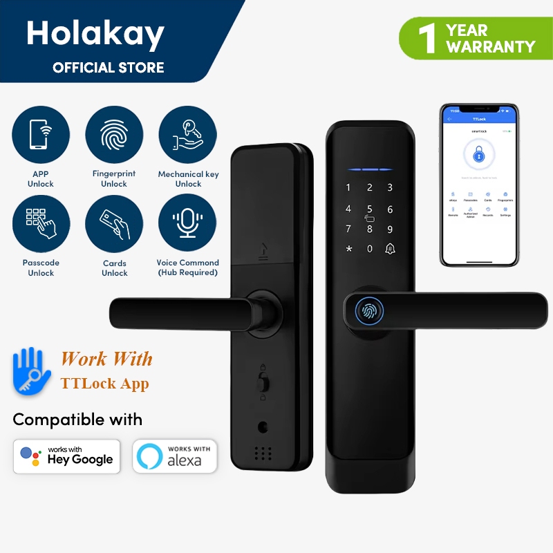 Holakay Matt Black Fingerprint Door Lock TTLock App Code Card Key Smart ...