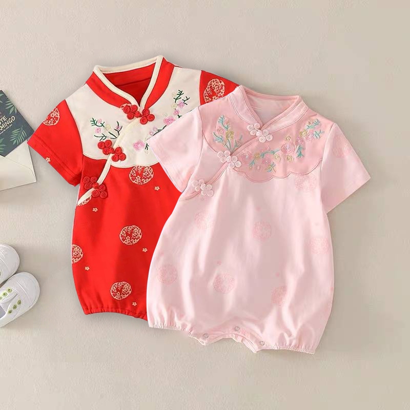 Chinese New Year Romper Baby Girl Red And Pink Cheongsam Romper CNY  Outfits