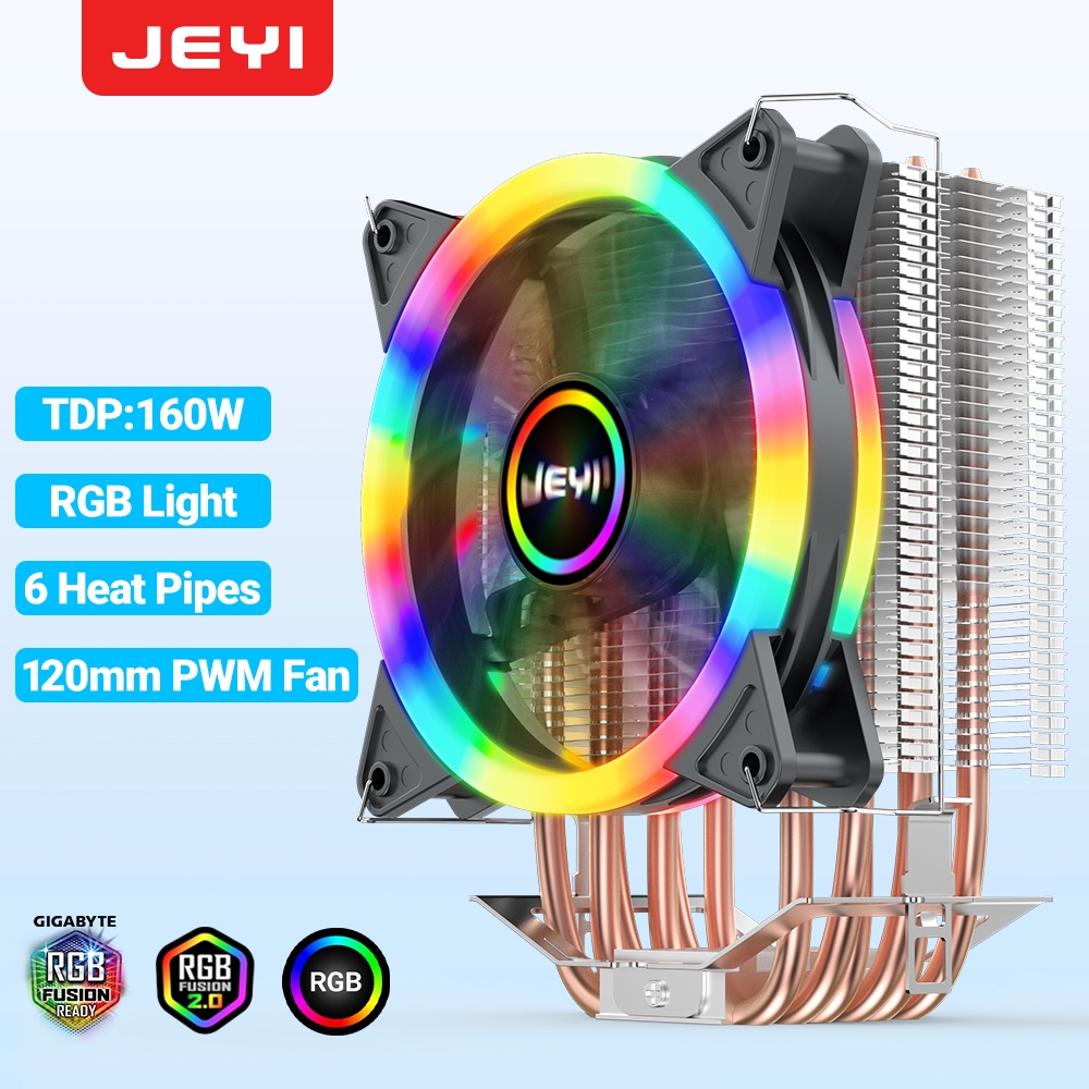 JEYI RGB CPU Cooler 4/6 Heat Pipes Air Tower Radiator PC 12cm PWM Fan ...