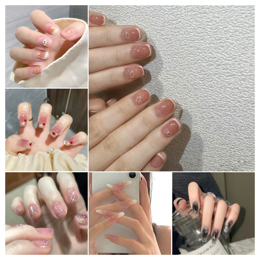 【24Pcs Nails+24 Sticker Glue】French Ballerina Fake Nails Long Nail Fake ...