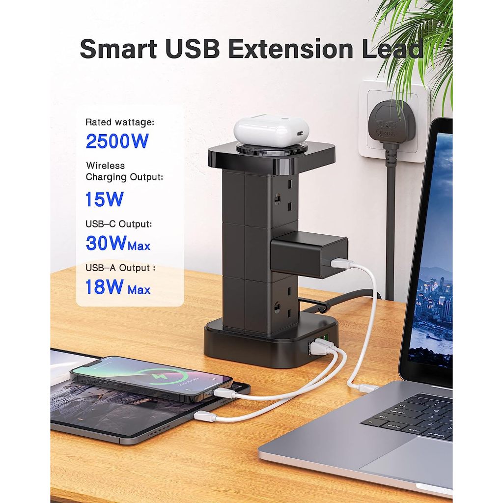 Vertical Power Strip Tower Socket Extension Cord with USB PD30W QC3.0 ...