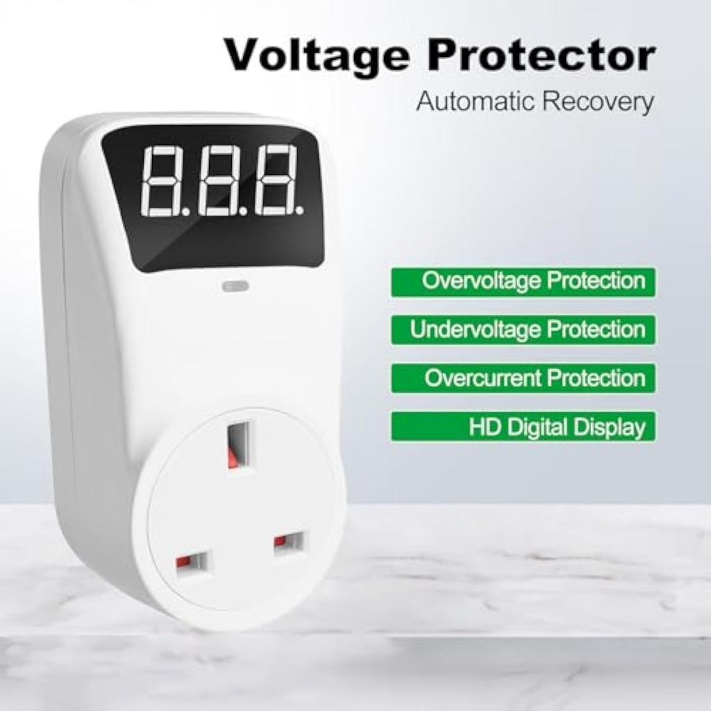 Digital Automatic Voltage Protector Socket 13A LCD Display Power Surge ...
