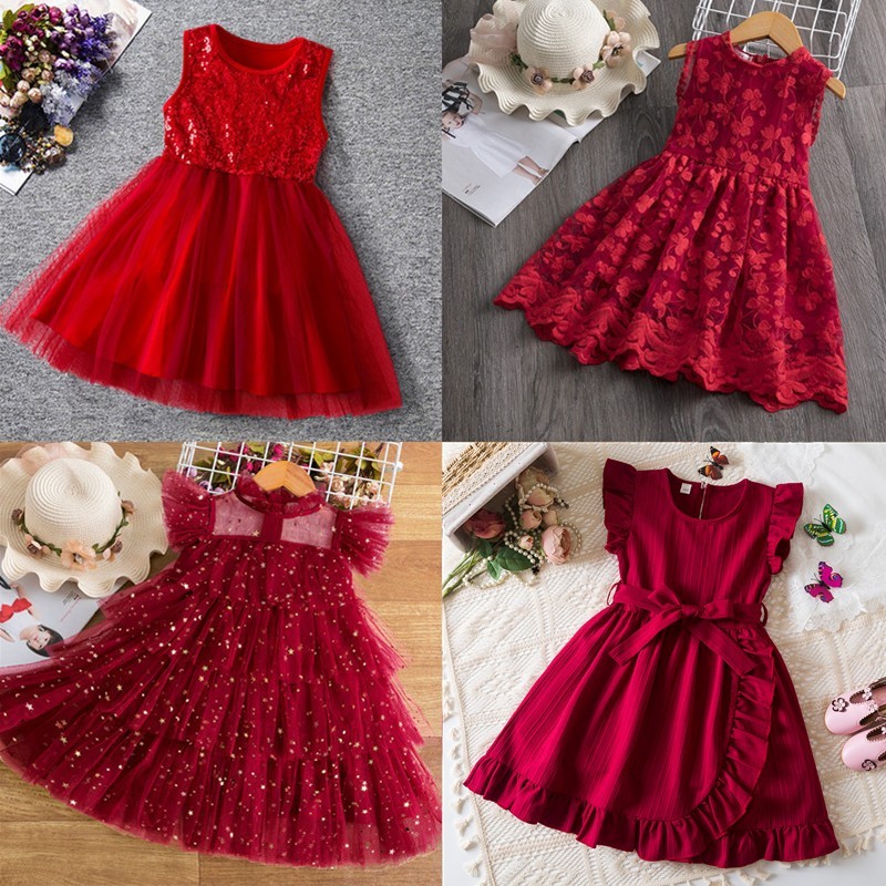 Red Dress for Baby Girl Short Sleeve Flower Sequin Baby Girl Christmas Dress  for 2-8T | Shopee Singapore