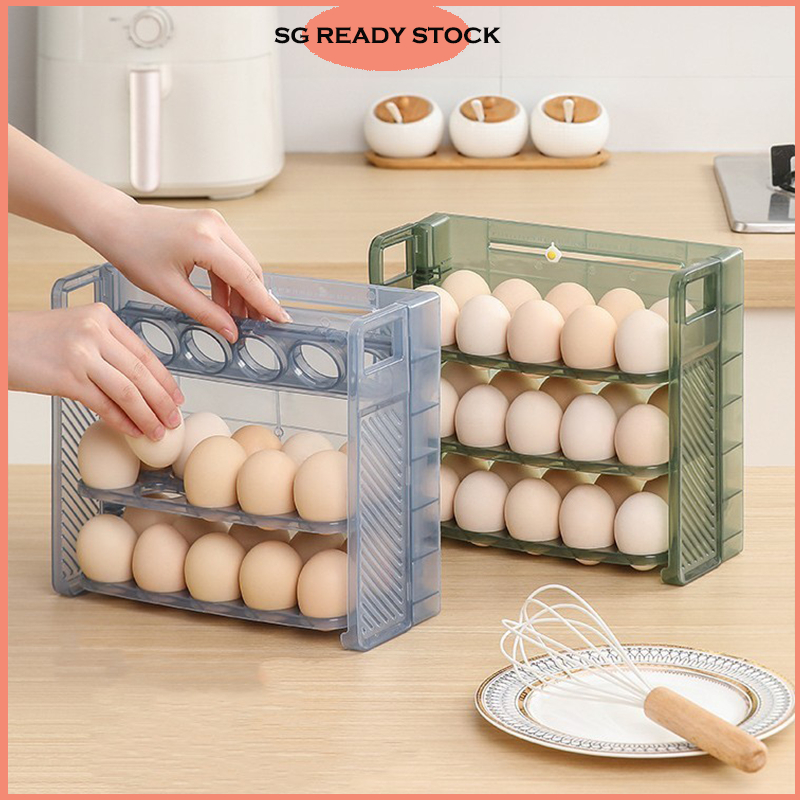 【READY STOCK SG】3 Layers Egg Storage Box Collapsible Rack Flip Egg Box ...