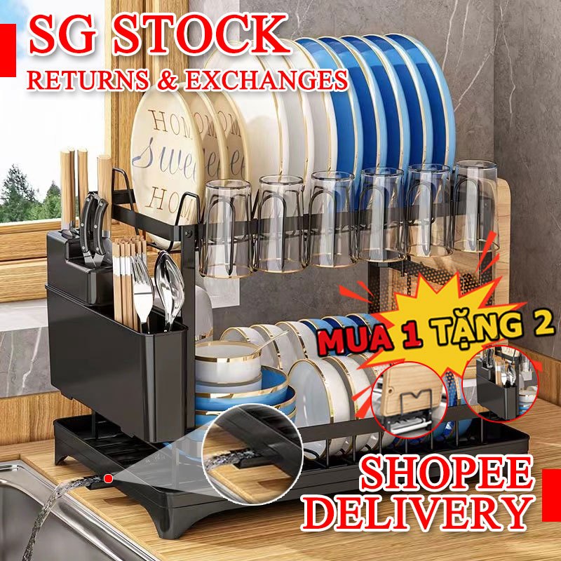 【SG STOCK】 Drain Rack Auto Tray DryingWith Holder Dish Drainer Dish ...