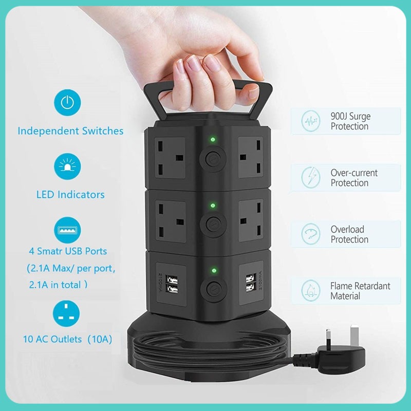 Vertical Power Strip Tower Socket Extension Cord with USB Charger Power ...