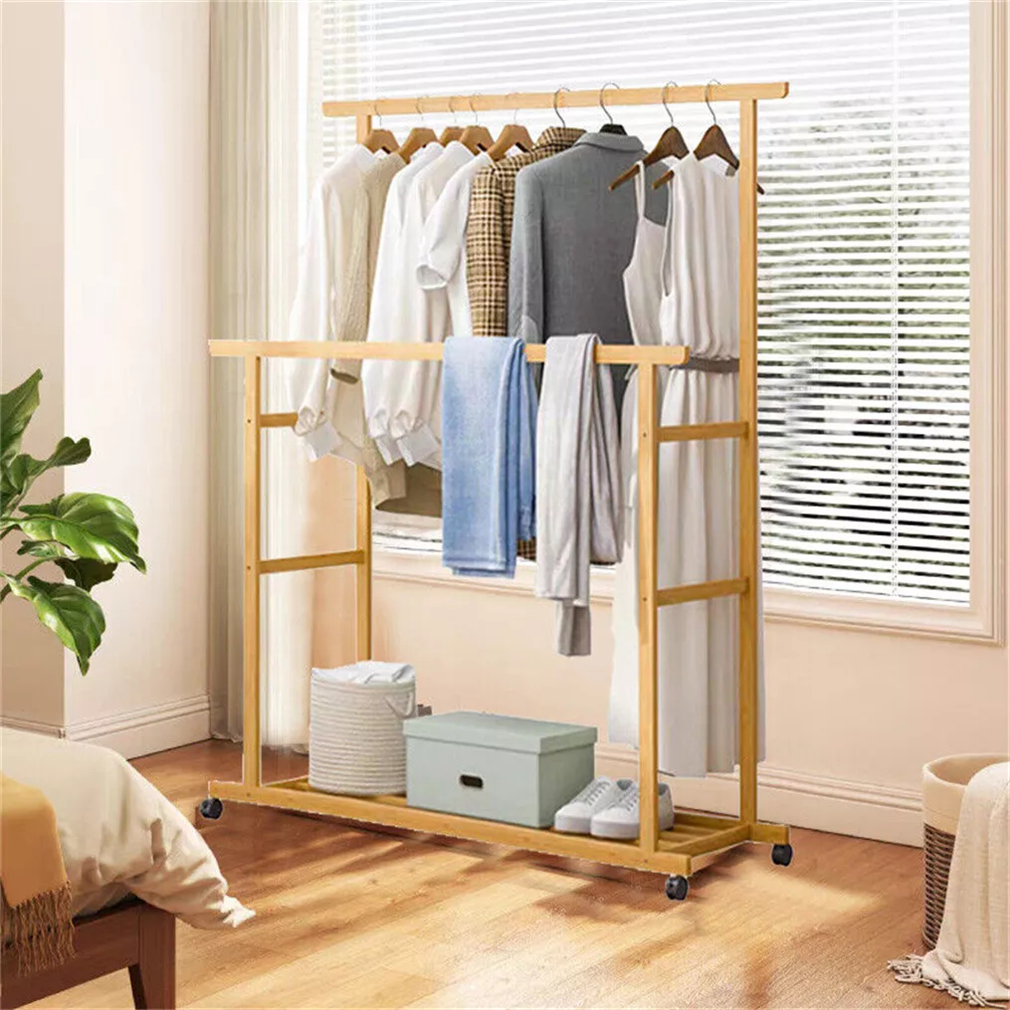 Heavy Duty Clothes Rack Double Layer Wood Hanging Garment Wardrobe ...